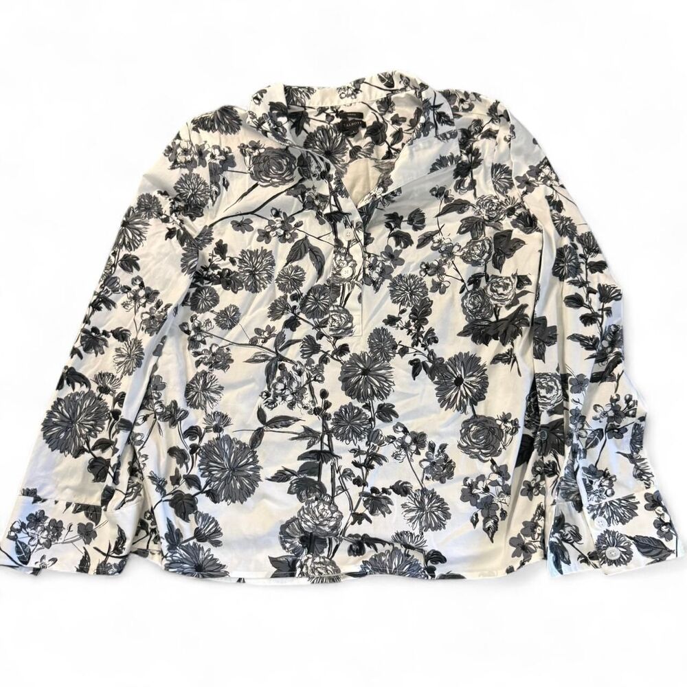 Talbots Non-Iron L Black White Floral Shirt Blouse Long Sleeve Button Down